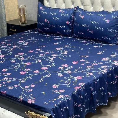 Double Bedsheet Cotton Salonica Blue Floral Frill 3 Pcs