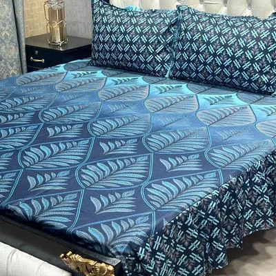 Double Bedsheet Blue Leaf Pattern Cotton Salonica Frill