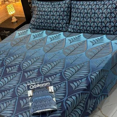Blue Cotton Printed Double Bedsheet 3 Pcs Set