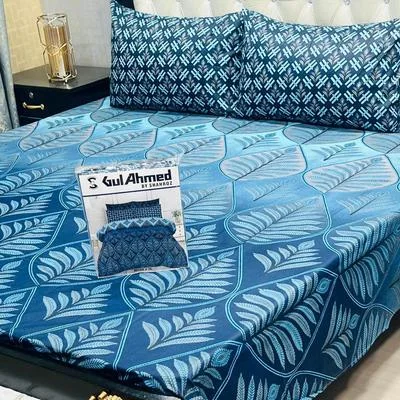 Blue Cotton Salonica Double Bedsheet 3 Pcs Set