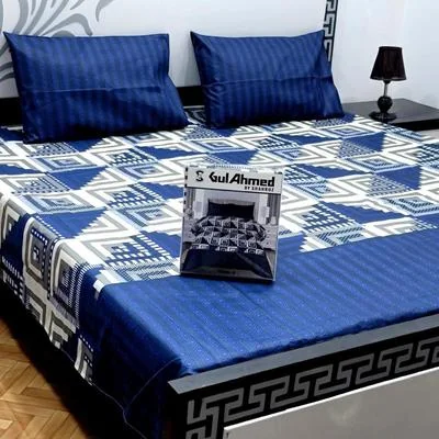 Blue Cotton Salonica Printed Double Bedsheet 3 Pcs Set