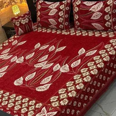 Red Velvet Jacquard 4Pc Double Bedsheet Set
