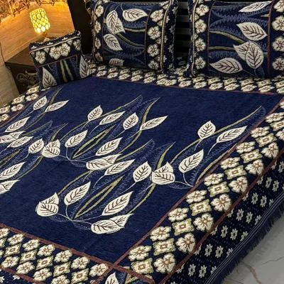 Blue Velvet Jacquard 4Pc Double Bedsheet Set