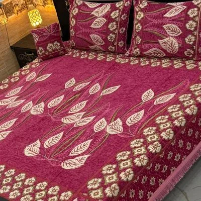 Pink Velvet Jacquard 4Pc Double Bedsheet Set