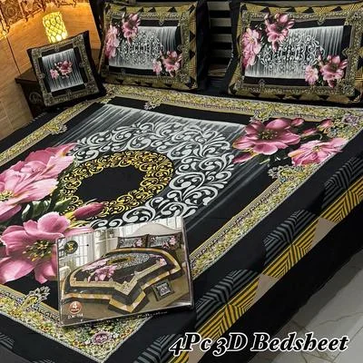 Crystal Cotton 4Pcs Double Bedsheet Black Pink Floral Gold