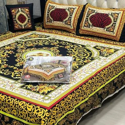 Crystal Cotton Double Bedsheet Set Mustard Gold Floral 4Pcs