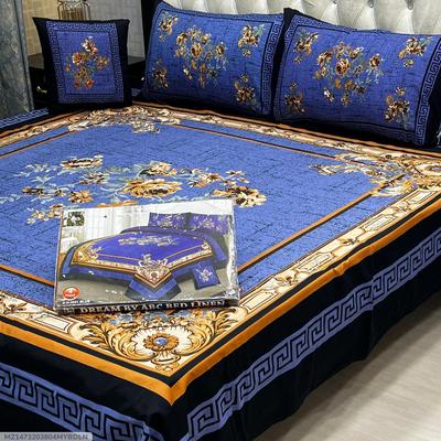 Royal Blue Crystal Cotton Double Bedsheet Set with Golden Floral Print thumbnail 2