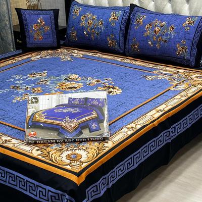 Royal Blue Crystal Cotton Double Bedsheet Set with Golden Floral Print thumbnail 3