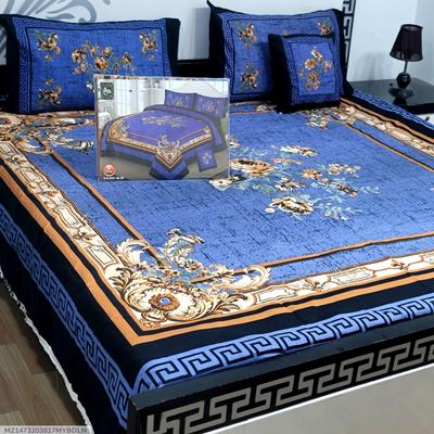 Royal Blue Crystal Cotton Double Bedsheet Set with Floral & Greek Key Design thumbnail 2