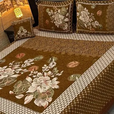 Velvet Jacquard Bedsheet Brown Double 4 Pcs Set