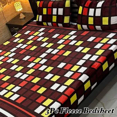 3Pc Fleece Bedsheet Set Geometric Brown Red Yellow White