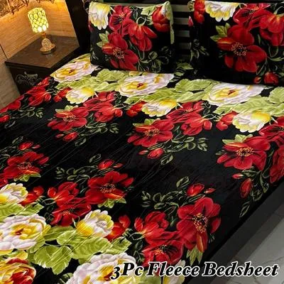 Stylish 3 Pcs Fleece Printed Double Bedsheet