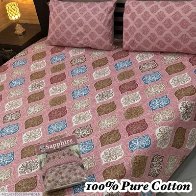 100% Pure Cotton Printed Bedsheet Set Pink Double Bed thumbnail 1