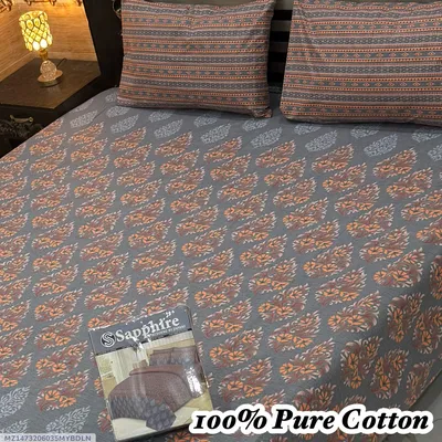 100% Pure Cotton Printed Bedsheet Set Grey Double Bed thumbnail 1