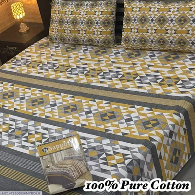 100% Pure Cotton Double Bedsheet Set Yellow 3 Pcs thumbnail 1