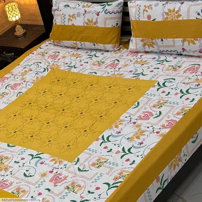 Yellow Patchwork Cotton Bedsheet Set for Double Bed thumbnail 1