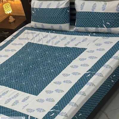 Blue Patchwork Cotton Bedsheet Set for Double Bed thumbnail 1