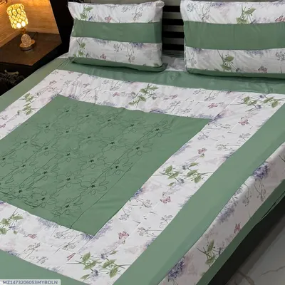 Green Patchwork Cotton Bedsheet Set for Double Bed thumbnail 1