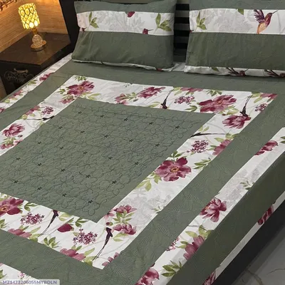 Double Bedsheet Green Floral Embroidered Patchwork 3 Pcs thumbnail 1