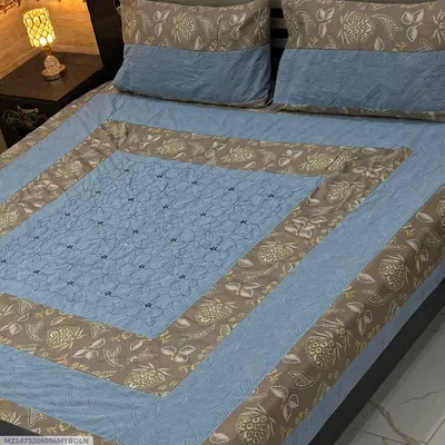 Blue Cotton Patchwork Double Bedsheet Set with Pillow Covers thumbnail 1
