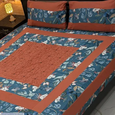 Orange Embroidered Cotton Bedsheet Set for Double Bed thumbnail 1