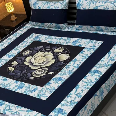 Double Bedsheet Cotton Gold Panel Blue 3 Pcs thumbnail 1