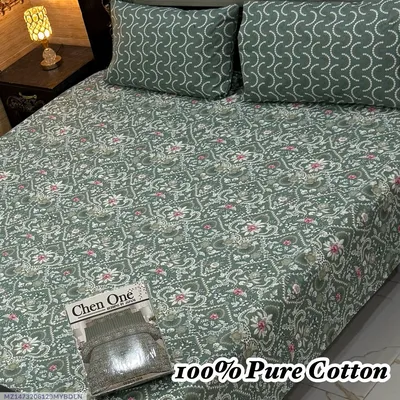 Exclusive 3 Pcs 100% Pure Cotton Printed Double Bedsheet thumbnail 1