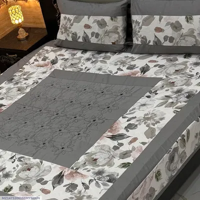 Stylish 3 Pcs Cotton Sotton Embroidered Patchwork Double Bedsheet thumbnail 1