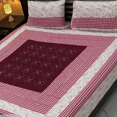 Stylish 3 Pcs Cotton Sotton Embroidered Patchwork Double Bedsheet thumbnail 1