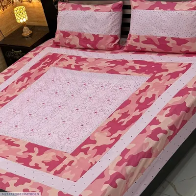 Stylish 3 Pcs Cotton Sotton Embroidered Patchwork Double Bedsheet thumbnail 1