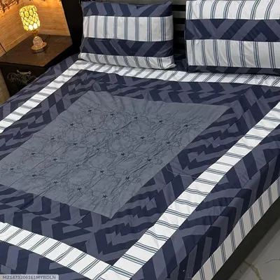 Stylish 3 Pcs Cotton Sotton Embroidered Patchwork Double Bedsheet thumbnail 1
