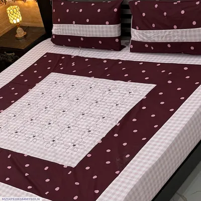 Stylish 3 Pcs Cotton Sotton Embroidered Patchwork Double Bedsheet thumbnail 1