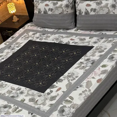 Stylish 3 Pcs Cotton Sotton Embroidered Patchwork Double Bedsheet thumbnail 1