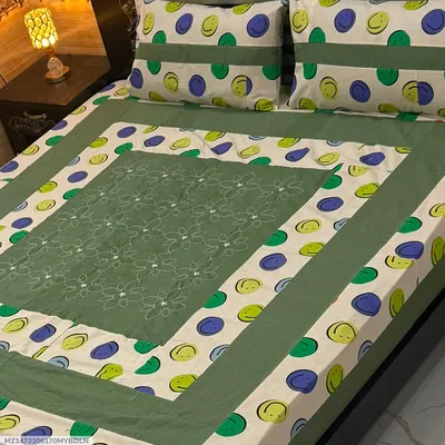 Stylish 3 Pcs Cotton Sotton Embroidered Patchwork Double Bedsheet thumbnail 1