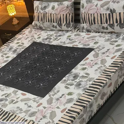Stylish 3 Pcs Cotton Sotton Embroidered Patchwork Double Bedsheet thumbnail 1