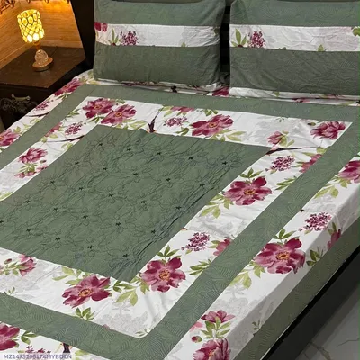 Stylish 3 Pcs Cotton Sotton Embroidered Patchwork Double Bedsheet thumbnail 1