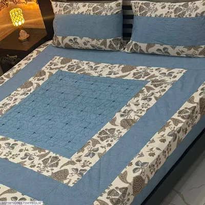 Stylish 3 Pcs Cotton Sotton Embroidered Patchwork Double Bedsheet
