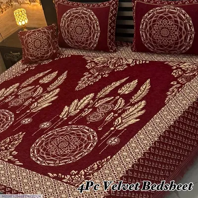 Exclusive 4 Pcs Velvet Jacquard Embroidered Double Bedsheet