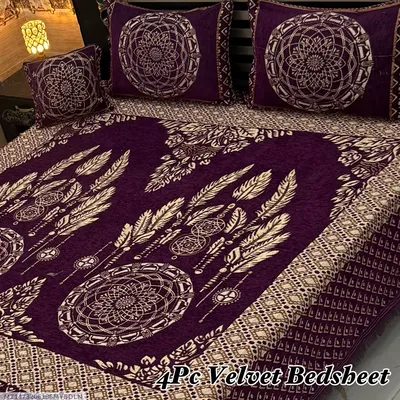 Exclusive 4 Pcs Velvet Jacquard Embroidered Double Bedsheet thumbnail 1