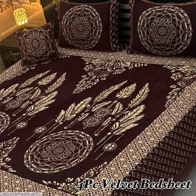 Exclusive 4 Pcs Velvet Jacquard Embroidered Double Bedsheet thumbnail 1