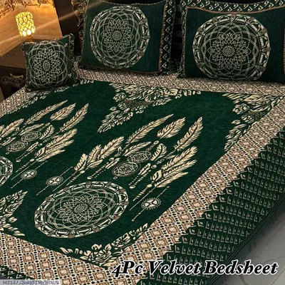 Exclusive 4 Pcs Velvet Jacquard Embroidered Double Bedsheet thumbnail 1
