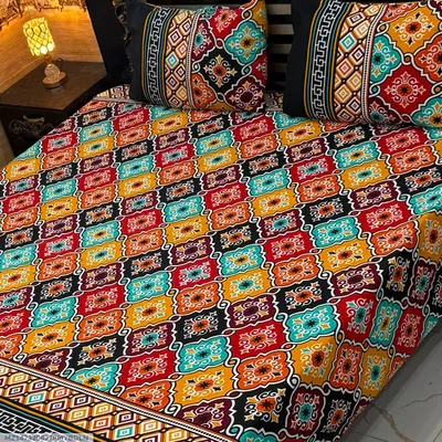 Vibrant 3 Pcs Crystal Cotton Printed Double Bedsheet