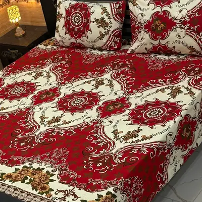 Vibrant 3 Pcs Crystal Cotton Printed Double Bedsheet