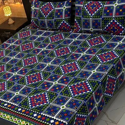 Vibrant 3 Pcs Crystal Cotton Printed Double Bedsheet