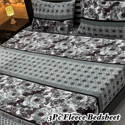 Stylish 3 Pcs Fleece Printed Double Bedsheet