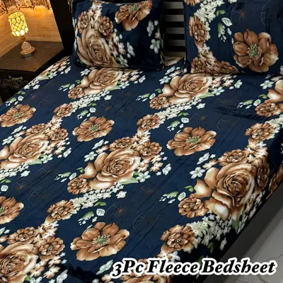 Stylish 3 Pcs Fleece Printed Double Bedsheet