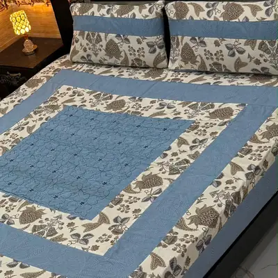Stylish 3 Pcs Cotton Sotton Embroidered Patchwork Double Bedsheet