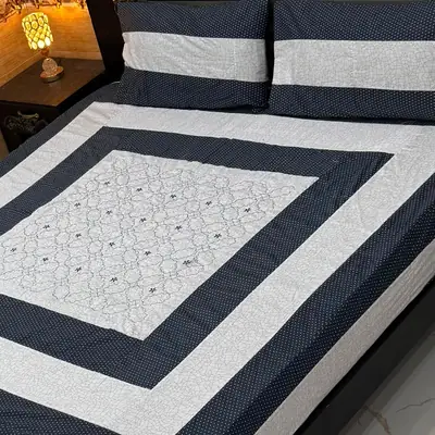 Stylish 3 Pcs Cotton Sotton Embroidered Patchwork Double Bedsheet