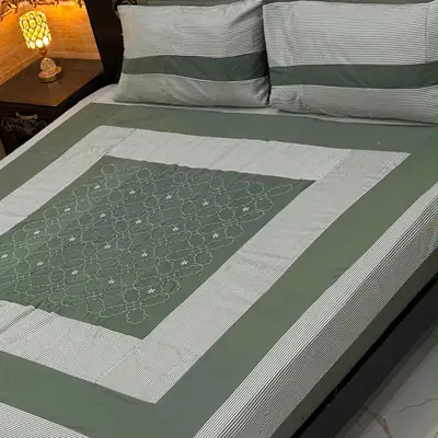 Stylish 3 Pcs Cotton Sotton Embroidered Patchwork Double Bedsheet