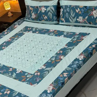 Stylish 3 Pcs Cotton Sotton Embroidered Patchwork Double Bedsheet